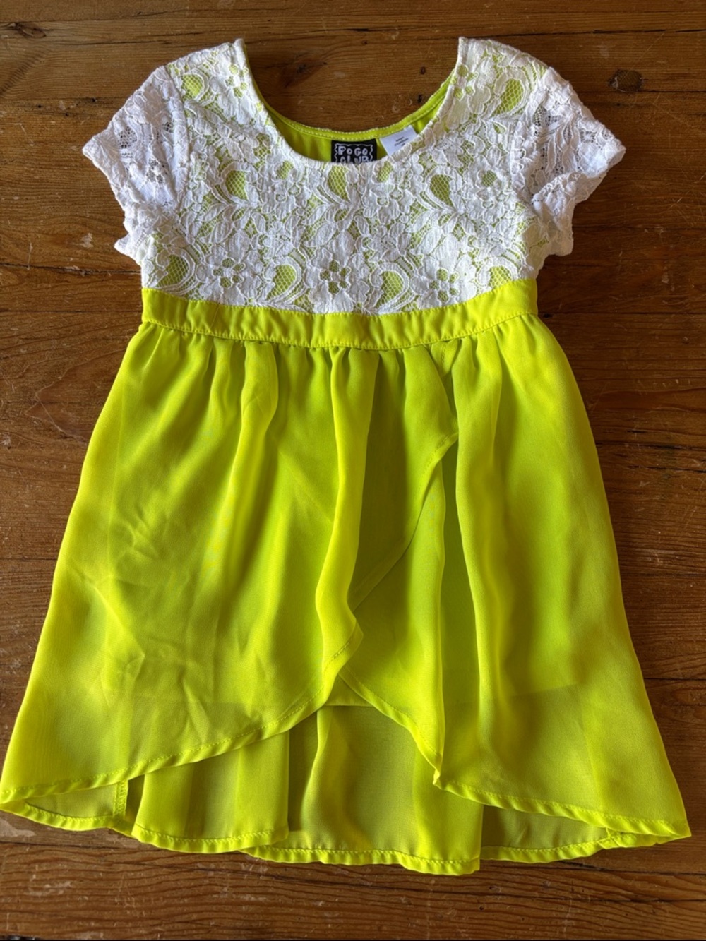 Girls Short Sleeve Lace Bodice Casual Dress in Neon Yellow
